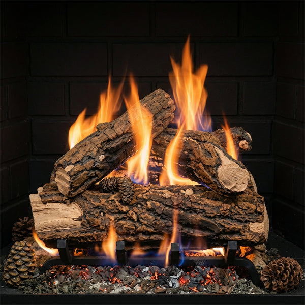 15-inch Country Oak Deluxe Gas Log Set with realistic ceramic logs and glowing embers for vented indoor fireplaces