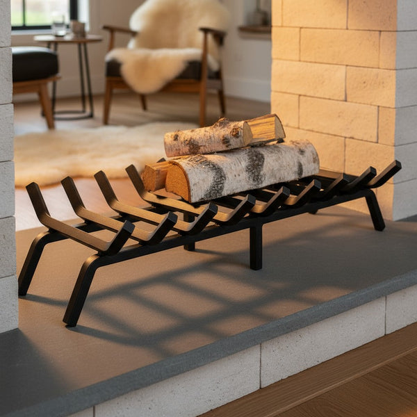 36-inch heavy-duty fireplace grate made of ¾-inch solid steel with matte black finish and superior airflow design