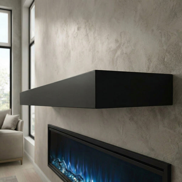 Standard non-combustible steel mantel shelves in 12 finishes, heat-resistant and easy-to-install floating shelves for fireplaces and living spaces