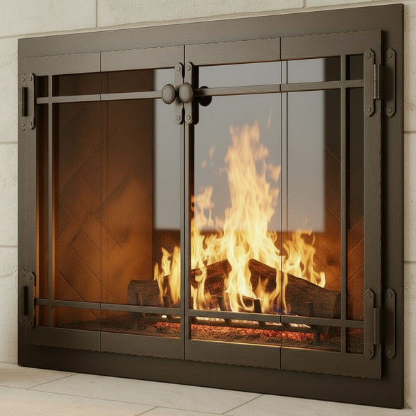 Craftsman Masonry fireplace glass door with standard frame and overlap, custom made in USA, 5-year warranty