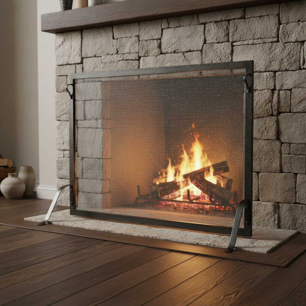 Custom Made Single Panel Fireplace Screen - Hammered Edge