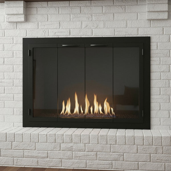 Three custom steel Carolina fireplace doors in rustic black with clear glass and modern handles