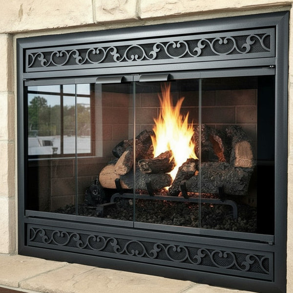 Brookfield Deluxe magnetic prefab fireplace doors with overlay vent cover and artisan louver designs