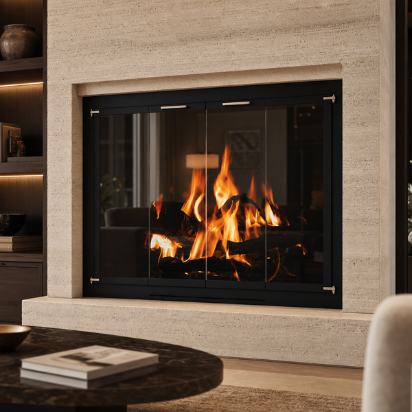 Custom ForgeLine masonry and prefab fireplace door with hand-welded 7-gauge steel frame and single-pane glass