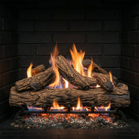 36" Country Oak Gas Log Set showing realistic ceramic logs with glowing embers in single-sided fireplace setup