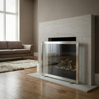 Custom Madison free standing fireplace screen with heavy gauge mesh and solid steel frame in brite nickel finish