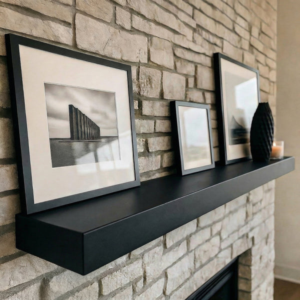 Custom metal floating mantel made of solid steel with sleek design above fireplace