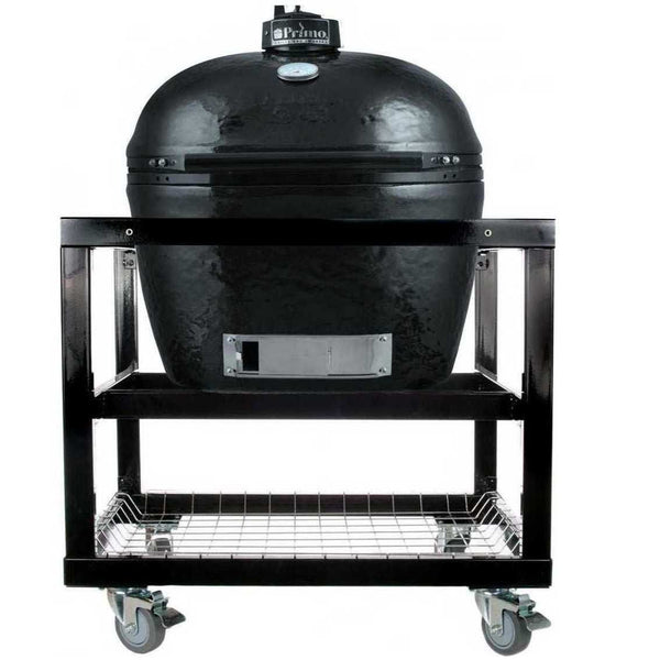 Primo Oval XL 400 Ceramic Kamado Grill on cart with stainless steel grates and powder-coated steel frame