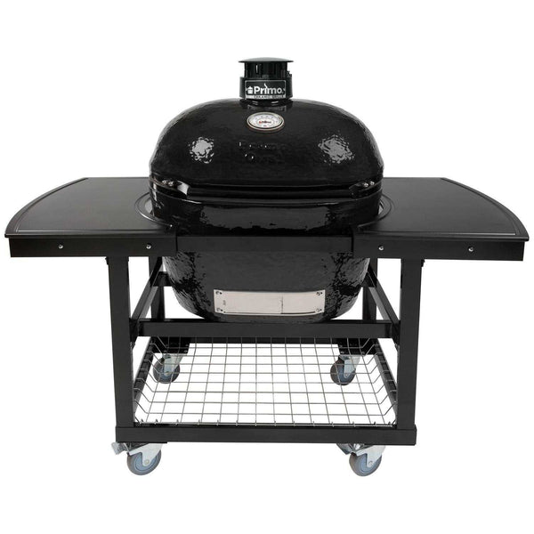 Primo Oval XL 400 Ceramic Kamado Grill on steel cart with side shelves and stainless steel grates