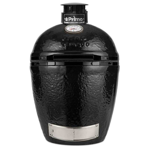 Primo Round Ceramic Kamado Grill in black with cast aluminum vent and stainless steel components