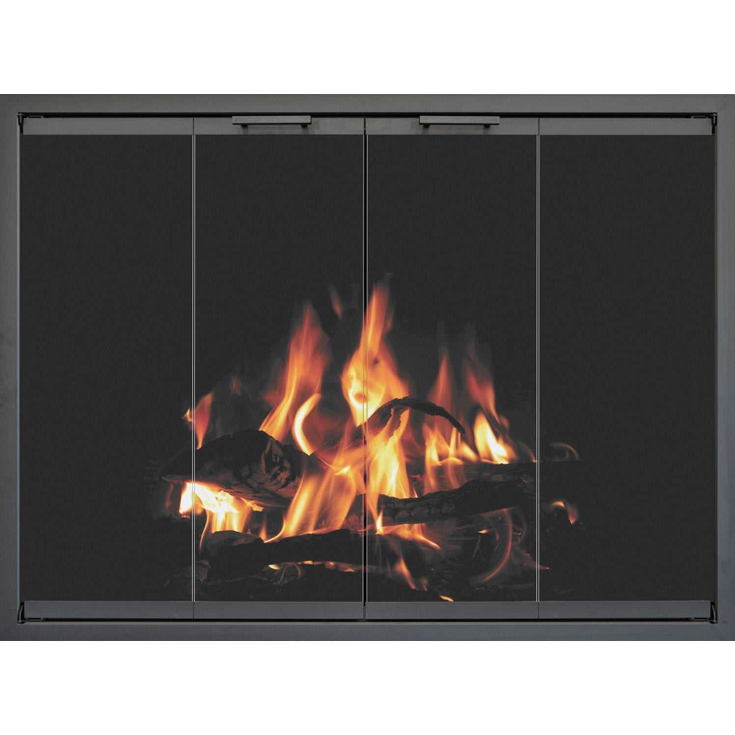 Black Fireplace Glass Doors with Burning Firewood Behind