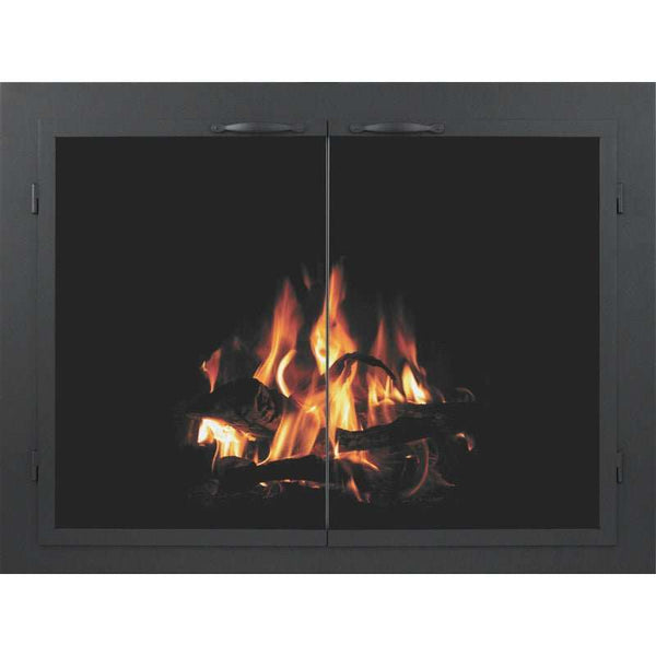 Custom steel masonry Sierra fireplace door with laser-cut bar iron frame and welded bullet hinges