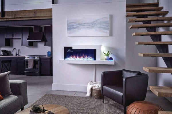 Stylus Cara Elite 59-inch connected wall hanging electric fireplace with birch logset, crystal media, LED display, and smart home control features