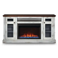 The Charlotte Electric Mantel Package with warm cherry top, distressed white finish, electric fireplace, and storage for TVs up to 75 inches