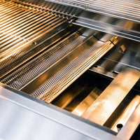 Close-up of TrueFlame 40 inch built-in stainless steel grill interior with flame tamers and cooking grates