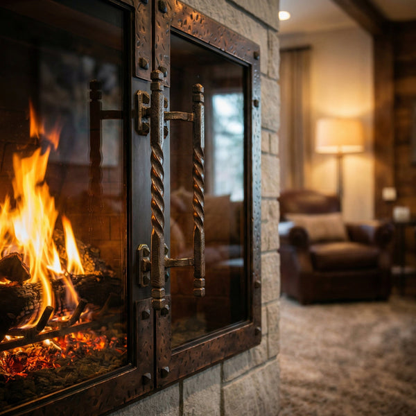 Timeless Flames vintage steel fireplace doors with heavy steel and customizable frame