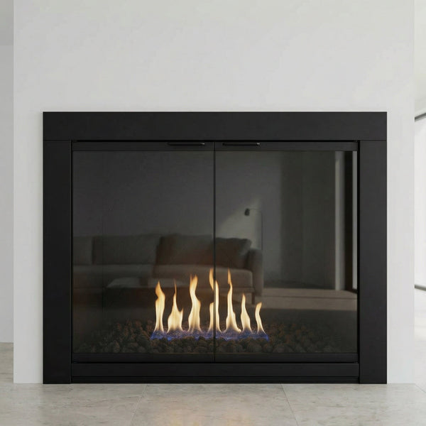 Medio Fireplace Doors matte black twin gate mesh with clear glass and modern handle opening 29 3/8W x 23 1/4H