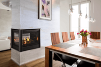 Majestic Pier 36 gas fireplace with firescreen front, logs and black glass media