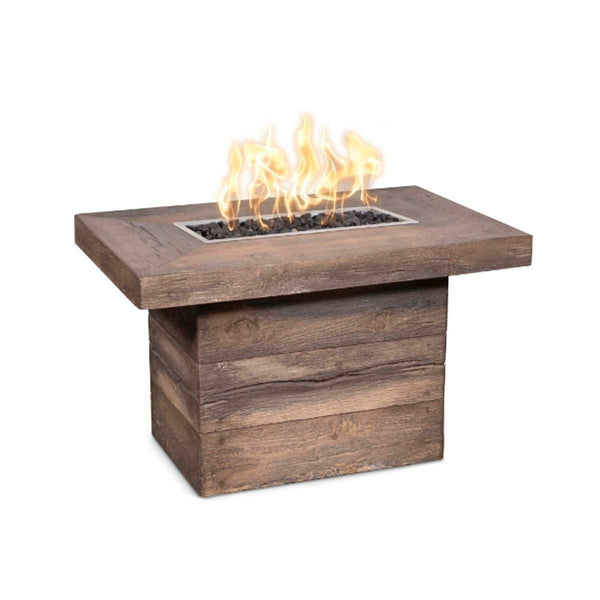 Alberta Wood Grain 24-inch natural gas fire pit with electronic ignition in ivory color burning flame