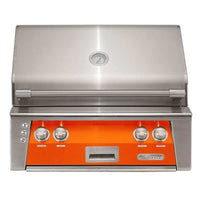 Alfresco ALXE 30-inch built-in natural gas grill with stainless steel hood and orange control panel featuring analog thermometer and control knobs.