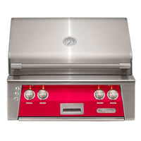 Alfresco ALXE 30-Inch built-in natural gas grill with stainless steel lid and raspberry red control panel