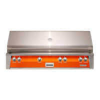 Alfresco ALXE 56-inch built-in natural gas grill in luminous orange with stainless steel hood and control panel featuring six knobs and built-in thermometer