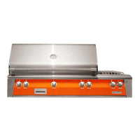 Alfresco ALXE 56-inch built-in natural gas grill in luminous orange with rotisserie and side burner