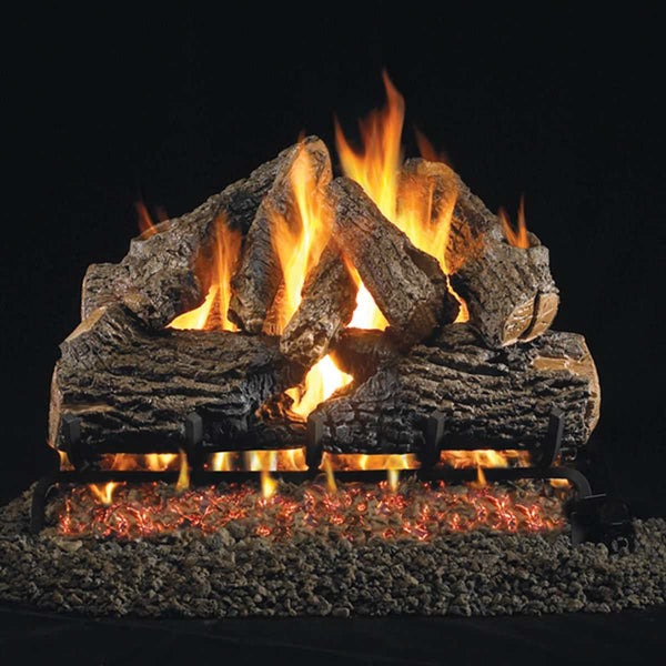 Peterson Real Fyre Charred Oak vented gas log set with realistic burning logs and glowing embers