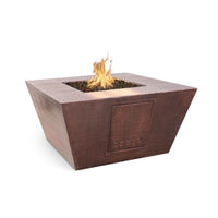 Redan Hammered Copper Fire Pit with natural gas fuel, black fire glass, and cover, 48-inch size