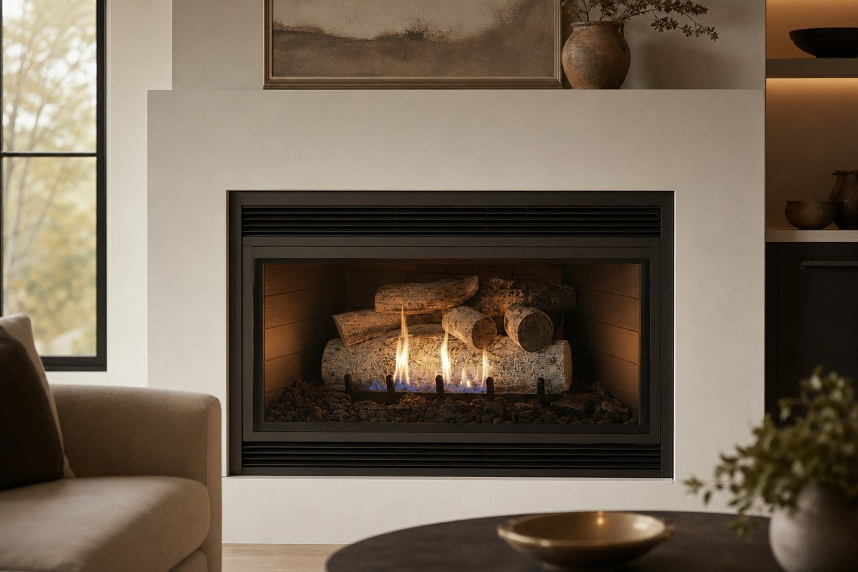 Prefab zero-clearance fireplace with visible metal firebox and louver vents