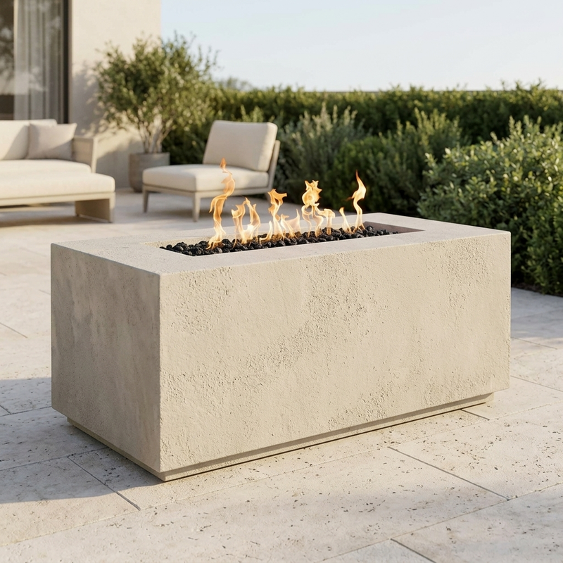 The Outdoor Plus 60" Pismo Fire Pit — GFRC — Fire Glow (Spark Ignition w/ Flame Sense) — patio view