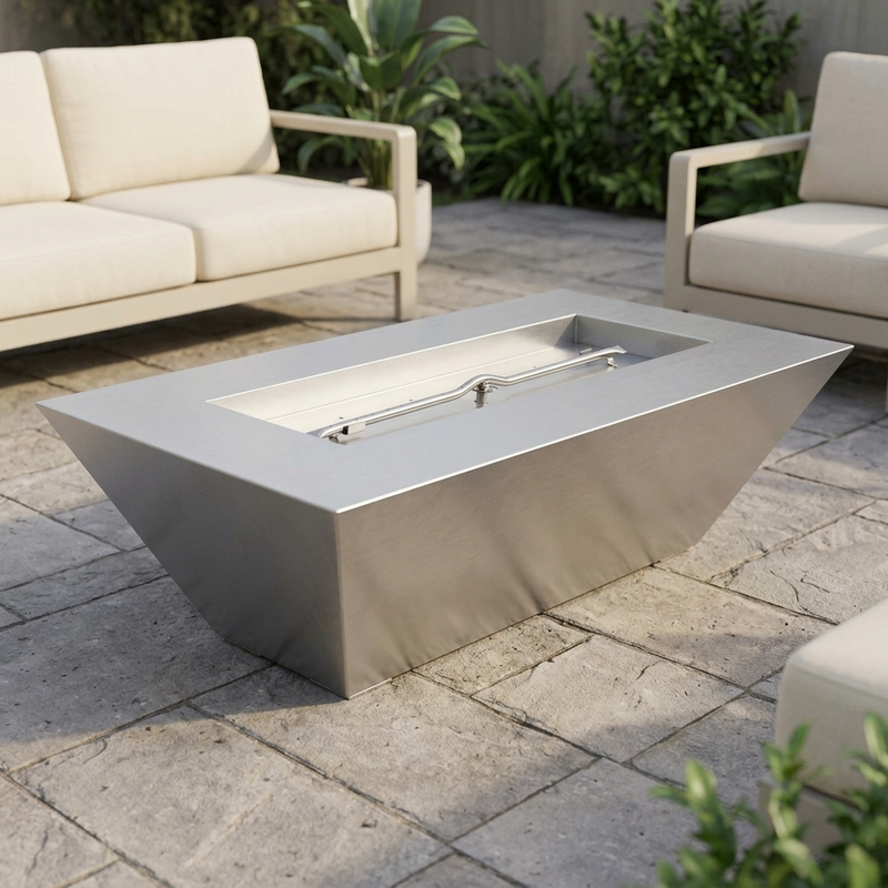 The Outdoor Plus 60" Atlantic Fire Pit — 24" Tall — Stainless Steel — patio view