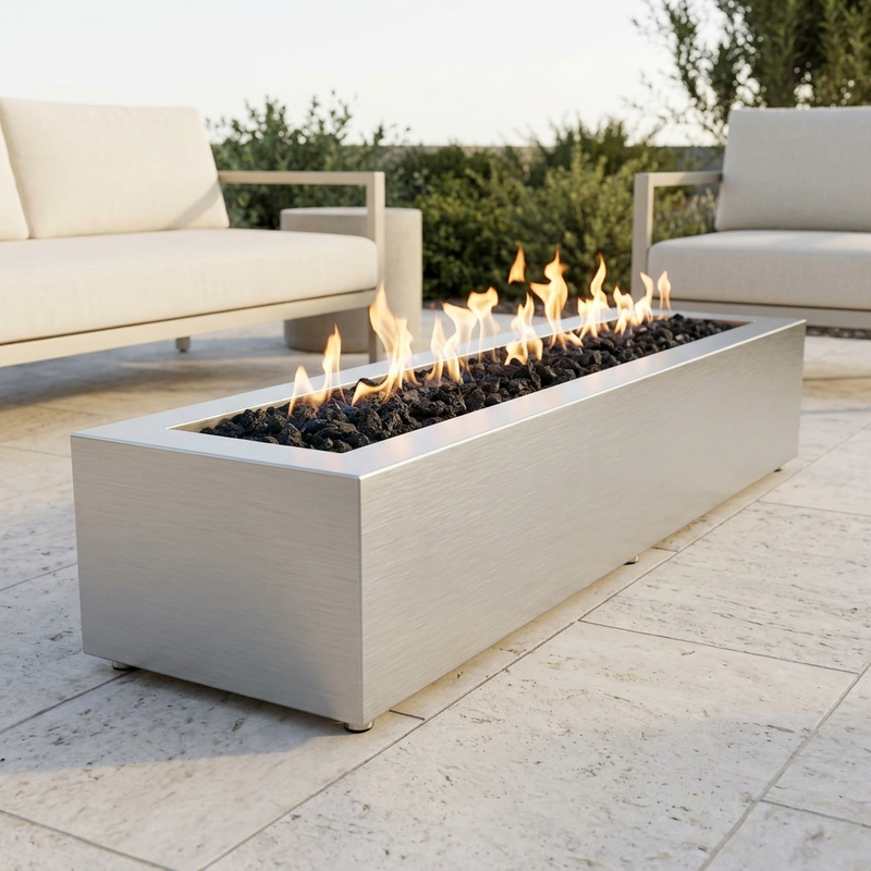 The Outdoor Plus 60" Eaves Fire Pit — Stainless Steel — patio view