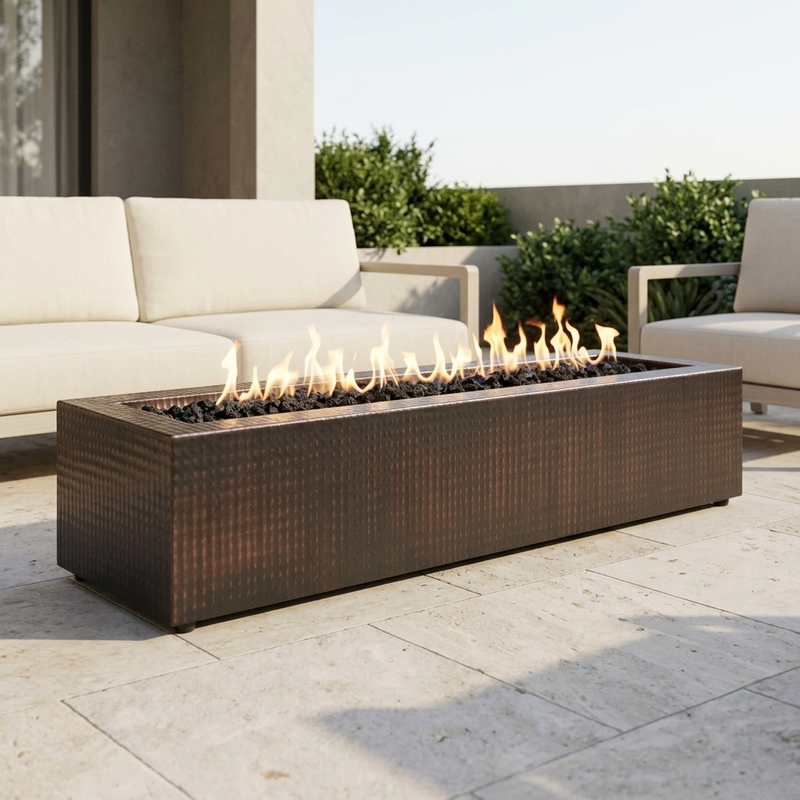 The Outdoor Plus 60" Eaves Fire Pit — Hammered Copper — patio view