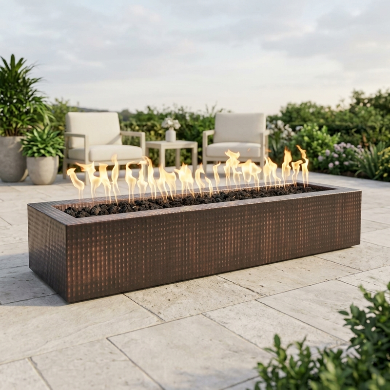 The Outdoor Plus 48" Eaves Fire Pit — Hammered Copper — patio view
