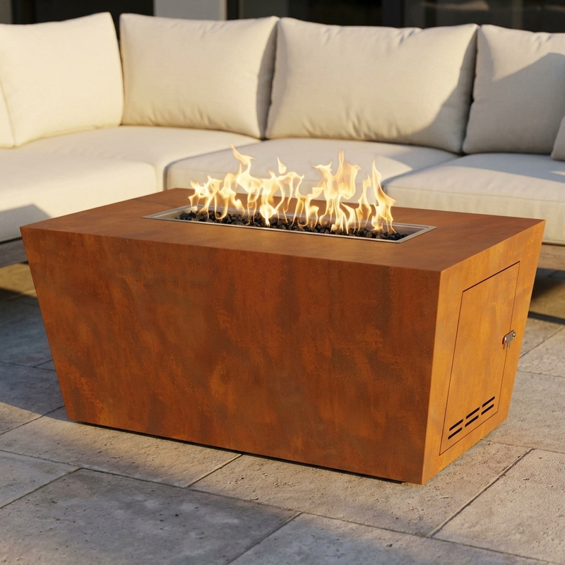 The Outdoor Plus 48" Mesa Fire Pit — Corten Steel — patio view