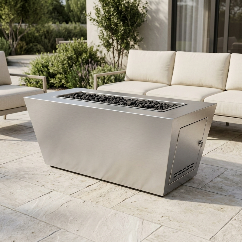 The Outdoor Plus 60" Mesa Fire Pit — Stainless Steel — patio view