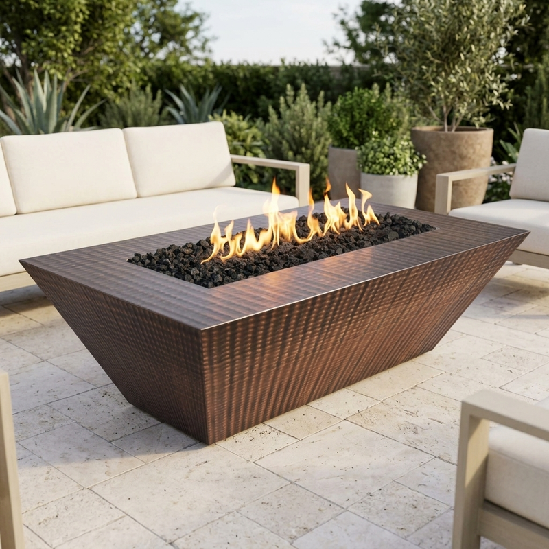 The Outdoor Plus 60" Atlantic Fire Pit — 24" Tall — Hammered Copper — patio view