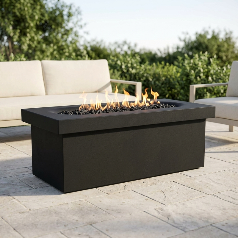 The Outdoor Plus 60" Linear Ramona Fire Table — GFRC — Plug & Play — patio view