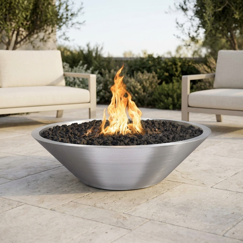 The Outdoor Plus 48" Cazo Fire Pit — Narrow Ledge — Stainless Steel — patio view