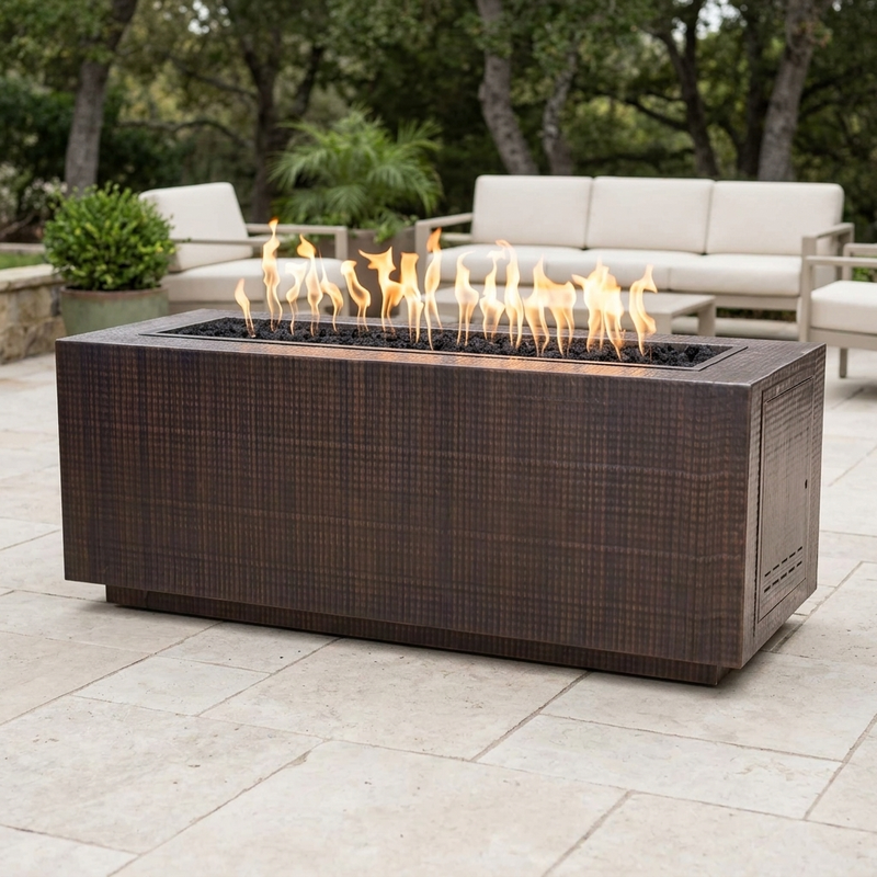The Outdoor Plus 84" Pismo Fire Pit — Hammered Copper — patio view