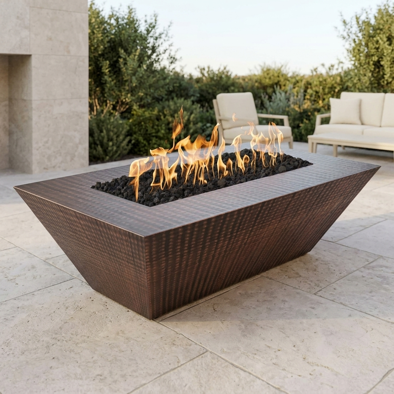 The Outdoor Plus 72" Atlantic Fire Pit — 18" Tall — Hammered Copper — patio view