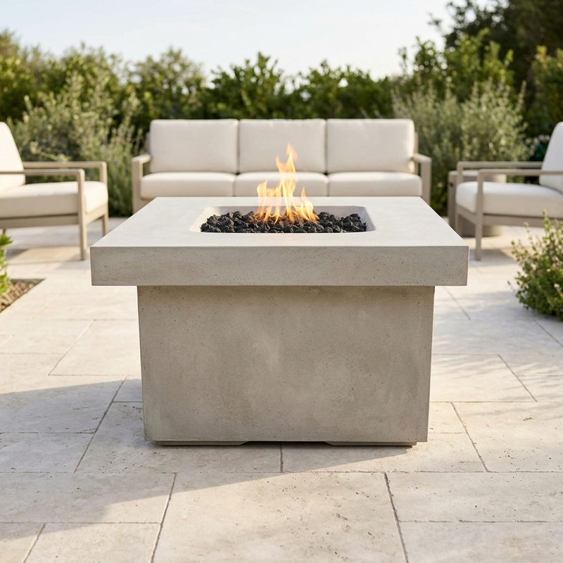 The Outdoor Plus 36" Square Ramona Fire Table — GFRC — Plug & Play — patio view