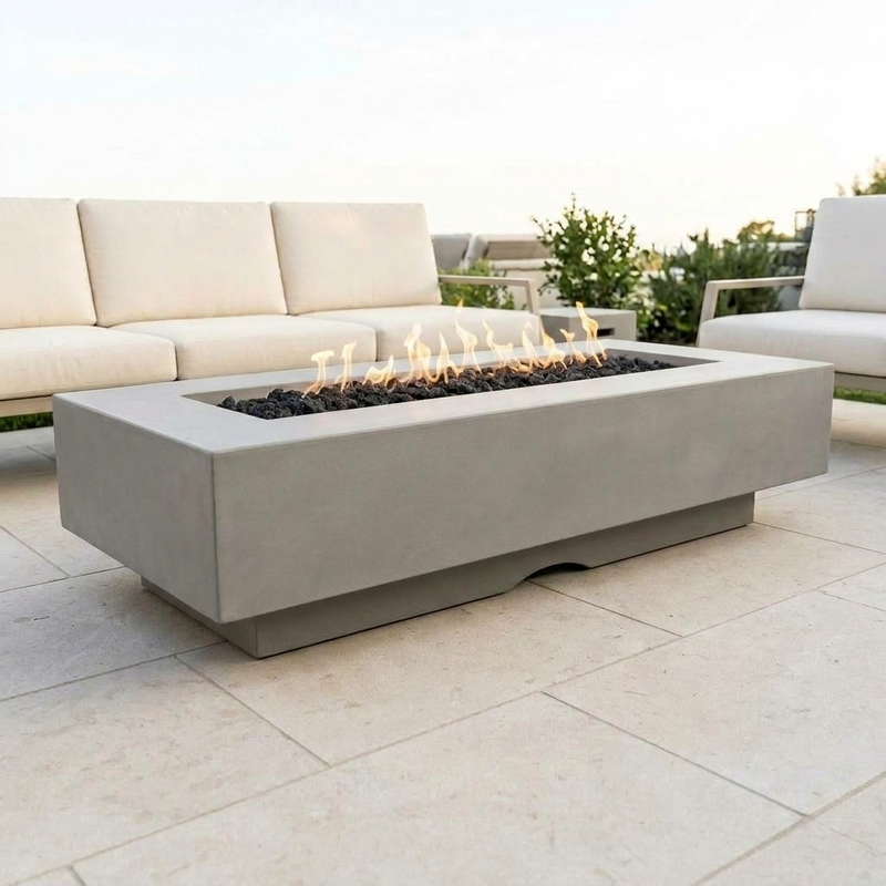 Del Mar 96-Inch GFRC Fire Pit — Match Lit — Natural Gray patio view