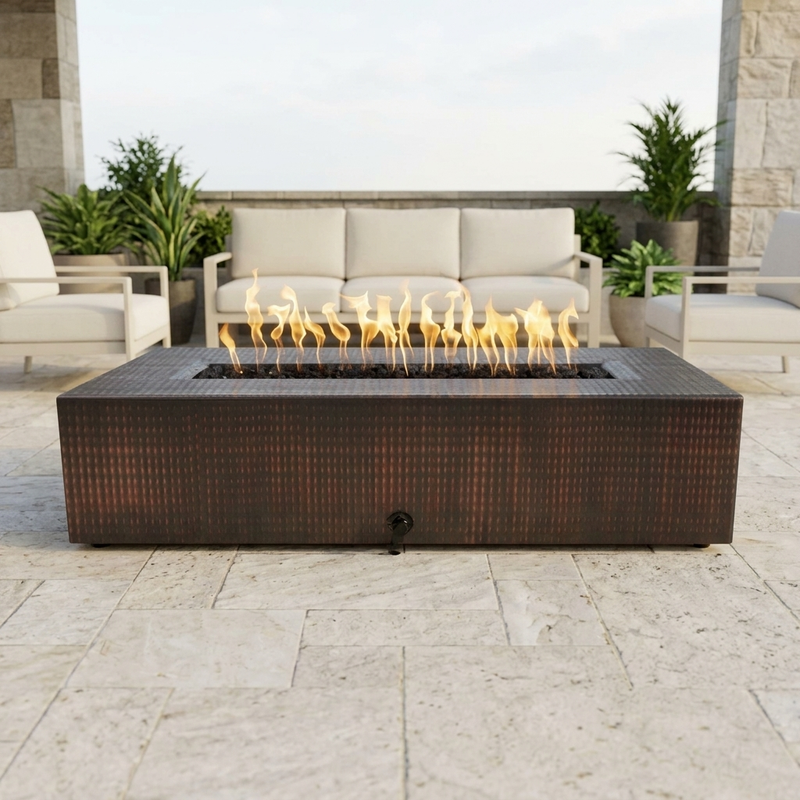 The Outdoor Plus 54" Regal Fire Pit — Hammered Copper — patio view