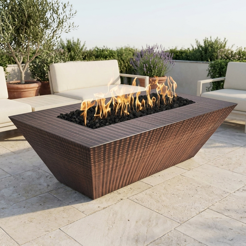 The Outdoor Plus 84" Atlantic Fire Pit — 24" Tall — Hammered Copper — patio view