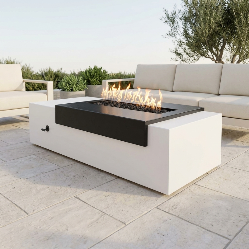 The Outdoor Plus 96-Inch Moonstone Fire Pit — Black & White — patio view