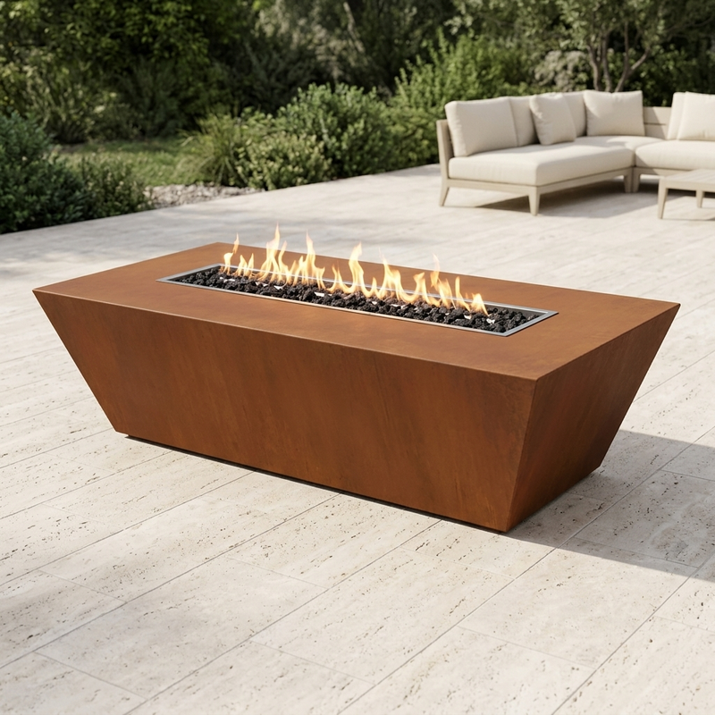 The Outdoor Plus 84" Atlantic Fire Pit — 18" Tall — Corten Steel — patio view