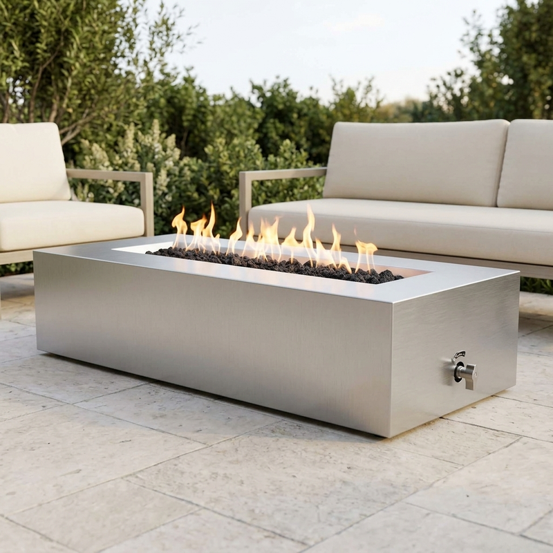 The Outdoor Plus 60" Regal Fire Pit — Stainless Steel — patio view
