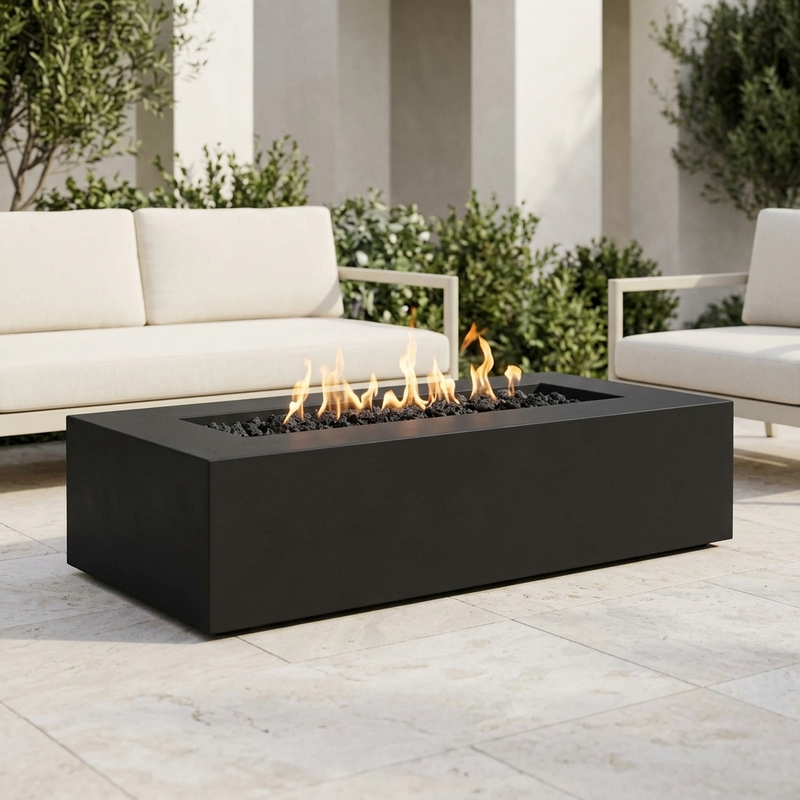 The Outdoor Plus 54" Regal Fire Pit — GFRC — Match Lit — patio view